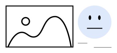 Güneş, tarafsız yüz ve metin satırı elementleri içeren basit bir manzara içeren soyut bir çizgi sanatı. İletişim için ideal, basitlik, yaratıcılık, minimalizm, duygu grafik tasarımı kavramsal sanat. A