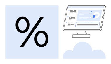 Bulut tabanlı bir arayüzde veri grafiklerini ve ölçümlerini gösteren bir bilgisayar ekranının yanındaki yüzde işareti. Analiz, bulut hesaplama, finans, veri yönetimi, istatistik ve iş raporları için ideal