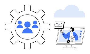 Çevrimiçi işbirliği takım çalışması sembolü ve dijital eğitimle resmedilmiştir. İşbirliği araçları çevrimiçi öğrenmeyi ve sanal takım çalışmasını geliştirir. İş, eğitim ve uzaktan kullanım için ideal. Geniş