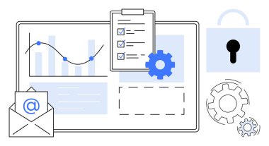 Analiz, güvenlik ve iletişimi temsil eden kontrol listeleri, vites, kilit ve e-posta sembolleri. Veri yönetimi, proje planlaması, güvenlik süreci otomatik e-posta pazarlaması için ideal