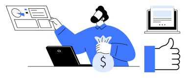 Finansal veri yönetimi. Finansal tabloları analiz eden ve yatırım ve planlama için para çantasının mali veri yönetimini elinde tutan bir kişi. Fintech, bütçe, finans uygulamaları, analitik