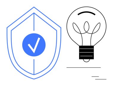 Kalkanlar, yaratıcılığı ve yeniliği temsil eden bir ampulün yanında korunmayı sembolize ediyor. Siber güvenlik, yenilik, güven, sorun çözme, güvenlik ve entelektüel konular için ideal