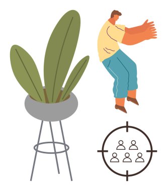 Uzun yapraklı saksı bitkisi, enerjik poz veren bir adam ve hedef grup motifi. Yaratıcılık, takım çalışması, üretkenlik, büyüme, odak çeşitliliği bağlantısı için idealdir. Cesur ve basit düz bir metafor.