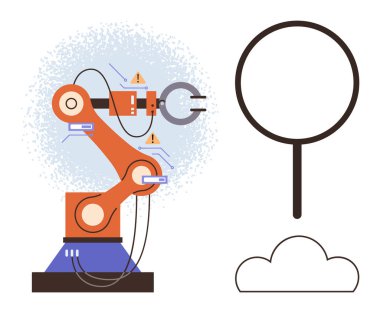 Uyarı simgelerine ve birbirine bağlı çizgilere sahip robot kol, büyüteç ve veri bulutu. Teknoloji, otomasyon, endüstri, yenilik, yapay zeka ve verimlilik araştırmaları için ideal. Basit düz metafor