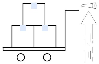 İlerleyen kutularla dolu bir araba, ilerleyişi gösteren ok, verimliliği işaret eden koni. Lojistik, ulaşım, dağıtım, tedarik zinciri, iş büyümesi, verimlilik yeniliği için ideal