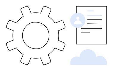 Ayarlar, kullanıcı profili simgesi, belge ve bulut nesnesi için vites. Üretkenlik, iş akışı, teknoloji, veri yönetimi, yazılım süreci optimizasyonu için ideal basit düz metafor