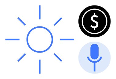 Siyah sikke ve mavi mikrofonlu merkezi güneş sembolü. Enerji, ekonomi, yaratıcılık, iletişim, sürdürülebilirlik, yenilik ve teknoloji için ideal. Basit bir düz metafor.