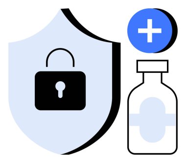 Sağlık hizmetleri güvenliği. Kilit korumalı kalkanlar, tıbbi haç ve aşı şişesi sağlık hizmetleri güvenliğini vurguluyor. Sağlık güvenliği, veri güvenliğini ve hastanın refahını sağlar. Tıbbi uygulamalar için.