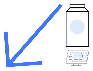Ürün kutusu ve bilgisayar monitörünün yanında analitik gösteren aşağı doğru ok. Piyasa eğilimleri, ekonomik kaymalar, durgunluk, ürün etkisi, satış performansı, analitik, basit düz metafor