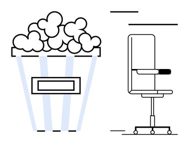 Şık bir ofis sandalyesinin yanında patlamış mısır kovası boş vakit ve verimliliği temsil ediyor. İş hayatı dengesi, rahatlama, verimlilik, rahatlık, esneklik, zaman yönetimi veya ikilik için idealdir. Basit düz