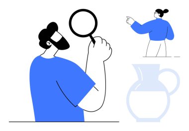 Büyüteç tutan adam, hareket eden kadın ve su sürahisi. Analiz, araştırma, odaklanma, takım çalışması, yönlendirme soruşturması netliği için ideal. Temiz ve basit düz metafor