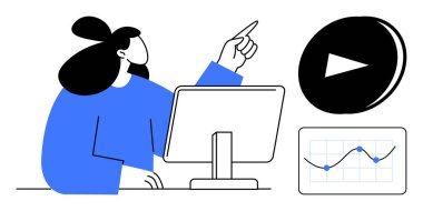 Profesyonel inceleme analizleri büyüme grafiği ve çalma ikonu ile monitörde. İş stratejisi, eğitim, eğitim, veri analizi, teknoloji, pazarlama ve takım çalışması için ideal. Basit düz metafor