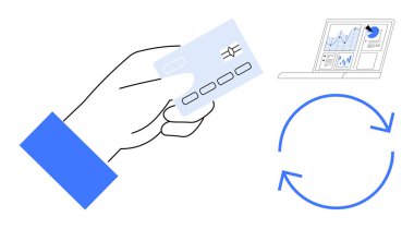 Gösterge panelinin yanında el ele tutuşup analitik ve bisiklet okları gösteriyor. Finans, ödemeler, tekrar eden faturalar, dijital bankacılık, analitik, e-ticaret, fintech için ideal. Basit düz metafor