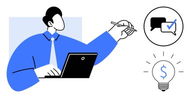 Dizüstü bilgisayarda çalışan bir adam işaretli sohbet baloncuklarına ve ampullerdeki dolar işaretlerine işaret ediyor. İş analizi, iletişim, mali planlama, karar verme, yenilik için ideal