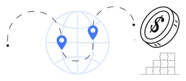 Küresel mali işlemler. Para transferini konum işaretleyiciler, bir küre ve bir dolar para sembolü üzerinden hayal etmek. Ticareti, fintech, bankacılık, çevrimiçi destekleyen küresel mali işlemler