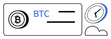 Bitcoin logosu ve işlem çizgileri, saat ve bulut kısaltması. Kripto para birimi, engelleme zinciri, finans, yatırım, zaman yönetimi yenilik teknolojisi için ideal. Basit düz metafor