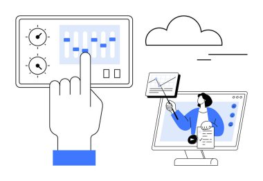 Dijital iş akışı konsepti. İş akışı yönetimi ve veri kontrolü için dijital araçlar. Üretkenlik ve takım çalışması için dijital optimizasyon. Çevrimiçi eğitim, teknoloji, iş, eğitim ve bulut için mükemmel