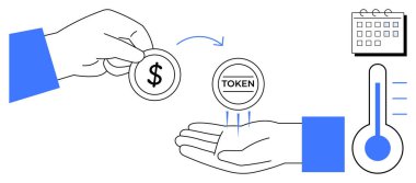 Jeton karşılığı para değiş tokuşu, transferi temsil eden mavi ok, eşlik eden takvim ve termometre simgeleri. Finans, dijital para birimi, bağış toplama, işlemler, kampanyalar için ideal