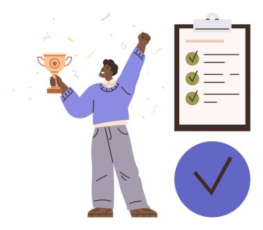 Elinde kupa olan kişi, havada konfeti, yeşil keneli kontrol listesi ve tamamlanmış büyük görev simgesi. Başarı, başarı, üretkenlik, hedef belirleme, motivasyon için ideal