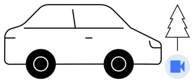 Kamera ikonuyla çam ağacının yanında siyah araba ana hatları. Çevre dostu ulaşım, yol güvenliği, araç kaydı, araba teknolojisi, doğa birlikte yaşamı, çevre koruması, basit düz metafor