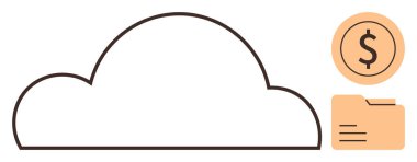 Belge klasörü ve parasal para ikonu ile bağlantılı bulut ana hatları, dijital depolama, dosya yönetimi, maliyet verimliliği, finansal stratejileri vurguluyor. Veri yönetimi, finans ve dijital için ideal