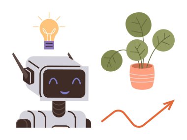 Ampullü gülümseyen robot fikirleri, yapraklı saksı bitkisini ve büyümeyi simgeleyen yükselen oku sembolize ediyor. Teknoloji için ideal, yenilik, ilerleme, yapay zeka, yaratıcılık sürdürülebilirliği başarısı. Basit düz