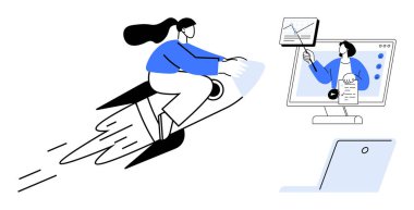 İş büyümesi konsepti. Bir kadının roketteki dinamik görüntüleri ve online öğrenme araçları. İş büyümesi, çevrimiçi öğrenme ve teknoloji sinerjisi. Başlangıç için büyüme, e-öğrenme, üretkenlik