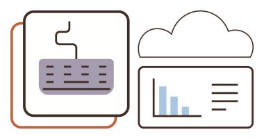 Bulut yakınındaki klavye ve veri görsellemesi bulut depolama, teknoloji ve dijital analizi sembolize eder. Veri yönetimi, ağ oluşturma, yenilik, uzak çalışma, bilişim çözümleri, eğilim analizi için ideal