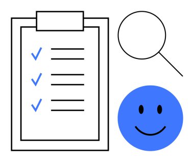 Görev yönetimi konsepti. Kontrol listesi, büyüteç ve mutlu yüz görevi tamamlama, değerlendirme ve memnuniyet. Görev yönetimi verimliliği ve olumlu sonuçları güvence altına alır. İş için, eğitim için