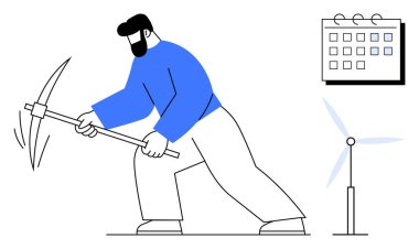 İşçi kazma kullanır, takvim planlamayı simgeler ve rüzgar türbini de yenilenebilir enerjiyi simgeler. Sürdürülebilirlik, yenilenebilir enerji, planlama, üretkenlik, sıkı çalışma, yenilik için ideal basit