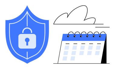 Asma kilitli kalkan, bulut ve masa takviminin yanındaki güvenliği simgeliyor. Siber güvenlik, bulut depolama, programlama, gizlilik, çevrimiçi güvenlik, veri koruması ve organizasyon temaları için ideal