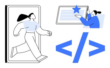 Akıllı telefondan çıkan bir kadın, ekrandaki yıldız ve kodlama sembolleriyle etkileşime geçiyor. Teknoloji, yenilik, kodlama, yaratıcılık, güçlendirme, kullanıcı deneyimi ve uygulamalar için idealdir. Basit.