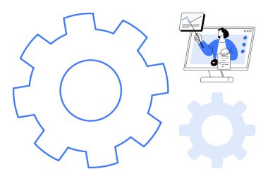 Otomasyon konsepti. Vites ve analitik semboller otomasyon ve optimize süreçler. Otomasyon, iş akışı ve veri yönetiminde verimliliği artırır. Teknoloji, iş, endüstri, iş akışı için