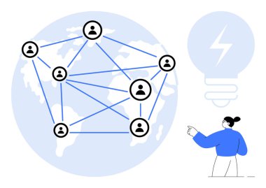 Fikirleri temsil eden soyut ampullerle küresel harita üzerinden bağlı insan simgeleri ağı. Takım çalışması, işbirliği, yenilik, teknoloji, bağlantı, küresel sosyal yardım, yaratıcılık için ideal