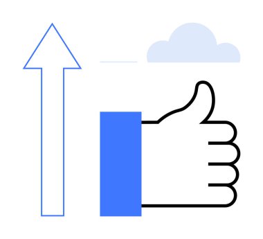 Büyüme konsepti. Yukarı doğru ok ve bulutla baş parmaklar büyümeyi, başarıyı ve olumlu eğilimleri görsel olarak iletir. İş hayatında büyüme, teknolojide ilerleme ve kişisel başarılar. Pazarlama için.