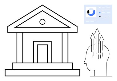 Bankacılık kavramı. Veri tablosu ve büyüme odaklı insan profilinin yanında bir bina simgesi ile bankacılık. Finansal planlama için bankacılık yenilikleri, büyüme stratejileri, fintech, veri analizi