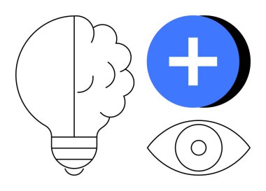 Beyin fırtınası konsepti. Minimalist illüstrasyon ampulü, göz ve artı sembol yeniliği ve yaratıcı problem çözme. Girişimcilik, eğitim, işbirliği ve görsel tasarım için beyin fırtınası