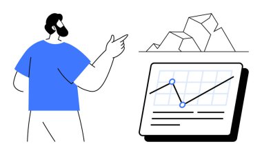 Sakallı adam dijital tableti işaret ederek geometrik şekiller yakınındaki veri noktaları ve eğilimli çizgileri gösteriyor. İş, analiz, büyüme, veri görselleştirme, strateji, sunum için ideal