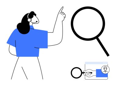 Büyük bir büyüteci işaret eden bir kadın daha küçük bir elle tarayıcının üzerinde başka bir büyüteç tutuyor. Arama, keşif, analiz, araştırma, keşif, odaklanma ve dijital için ideal