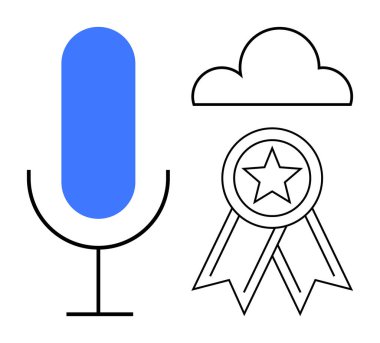 Bulutlu ve yıldız kurdeleli mavi mikrofon. Podcast, ses tanıma, bulut depolama ödüller, iletişim, yenilik ve liderlik için ideal. Basit bir düz metafor.