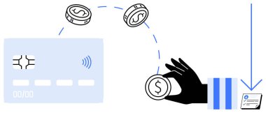 Temassız kart eline bozuk para aktarıyor, bu da makbuzu işaret ediyor. Ödemeler, işlemler, e-ticaret, bankacılık, teknoloji, finans ve güvenlik konuları için ideal. Basit düz metafor