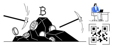 Bitcoin madenciliği. Bozuk paralı dijital para madenciliği, QR kodu ve masadaki kişi. Bitcoin madenciliği kripto para birimi kullanımı ve engelleme teknolojisini vurguluyor. Fintech, engelleme zinciri, kodlama için ideal