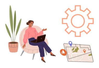 Dizüstü bilgisayarlı bir kadın, konuşurken el kol hareketi yapıyor. Özellikler bitki, dişli taslak ve konum iğneli harita. İşbirliği, teknoloji, navigasyon, kişiselleştirme hikaye anlatma tasarımı için ideal