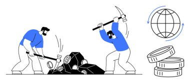 İki işçi aletler, para yığınları ve dijital bağlantıyı sembolize eden küreyle madencilik yapıyor. Kripto para birimi, madencilik, engelleme zinciri, küresel ekonomi, takım çalışması, mali büyüme ve dijital ticaret için ideal