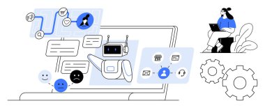 Yapay Zeka Chatbot 'u. İletişim ve müşteri hizmetleri otomasyonunu kolaylaştıran yapay zeka sohbet robotu. Chatbot iş akışını basitleştirir ve dijital etkileşimleri arttırır. Teknoloji ve iş için.