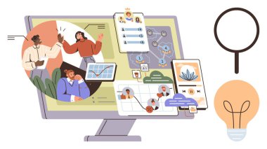 Takım etkileşimleri, veri tabloları, akış çizelgeleri, görev yönetimi ve ampulle bilgisayar ekranı. Takım çalışması, yenilik, proje stratejisi, uzaktan çalışma beyin fırtınası için ideal