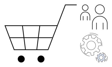 Alışveriş arabası, insan figürleri ve vitesler takım çalışmasını, e-ticareti, müşteri katılımını ve optimizasyonu sembolize eder. Perakende satış, işbirliği, hizmet yönetimi verimliliği yeniliği için ideal