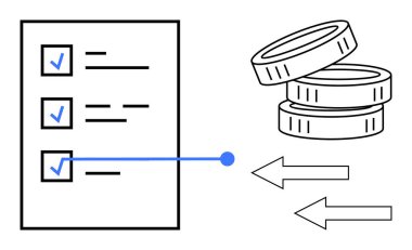 İşaretli görevleri olan kontrol listesi, para yığını ve işlem akışını gösteren oklar. Finans, görev yönetimi, iş akışı, ekonomi, ticaret ve ilerleme kavramları için ideal. Basit bir daire.