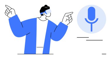 Sanal gerçeklik kulaklığı takan bir adam mikrofon ikonuna doğru hareket ediyor. Yenilik, teknoloji, sanal etkileşim, yapay zeka, dijital iletişim, ses kontrolü, fütüristik kavramlar için ideal. Basit.