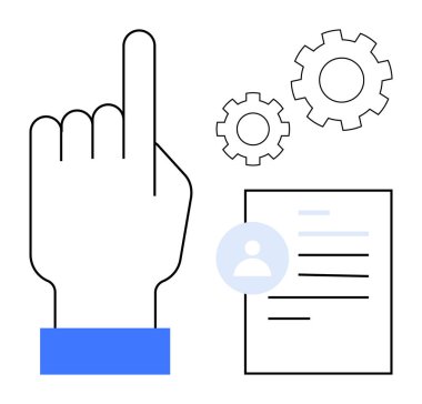 Yükseltilmiş el seçimi belgede yönetim, otomasyon ve karar vermeyi sembolize eden dişli simgeli kullanıcı profili. İşe alım, iş akışı, verimlilik, etkileşim, takım çalışması, planlama için ideal